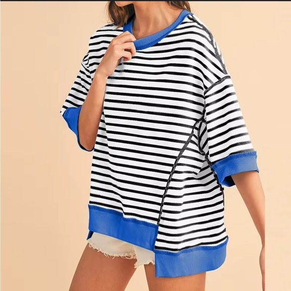 Amazon Tops - Free people duupe short sleeve sweater tee black white blue stripes small